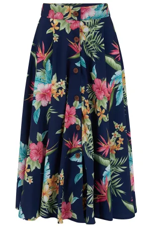 The "Beverly" Button Front Full Circle Skirt with Pockets in Navy Honolulu Print **End Of Line Item, When Its Gone Its Gone!!**