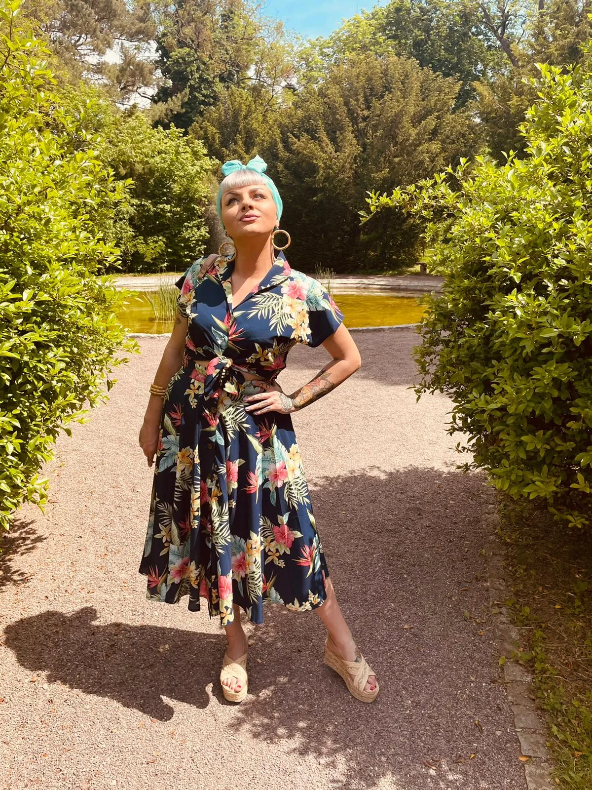 The "Beverly" Button Front Full Circle Skirt with Pockets in Navy Honolulu Print **End Of Line Item, When Its Gone Its Gone!!**
