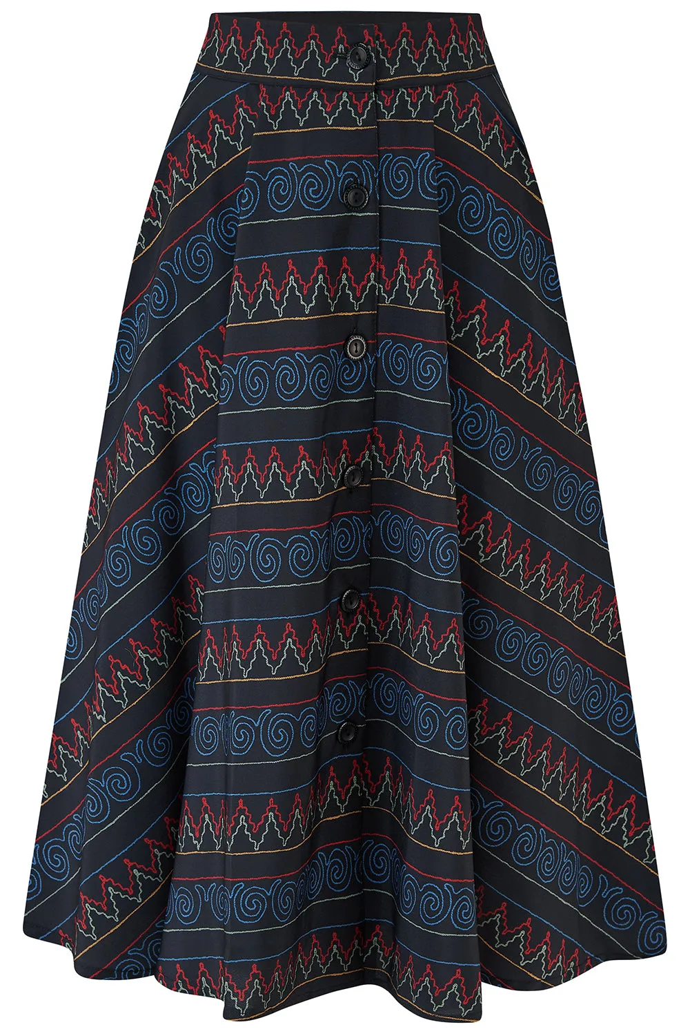 The "Beverly" Button Front Full Circle Skirt with Pockets in Panama Stitch Print, True 1950s Vintage Style