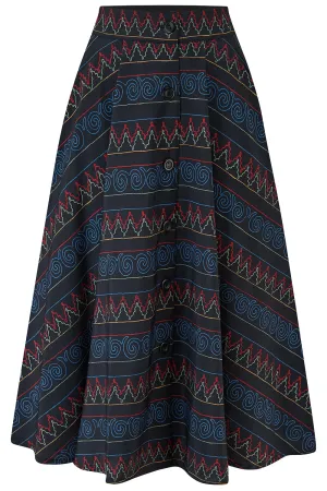 The "Beverly" Button Front Full Circle Skirt with Pockets in Panama Stitch Print, True 1950s Vintage Style