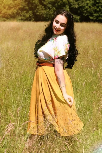 The "Beverly" Button Front Full Circle Skirt with Pockets in Solid Mustard, True 1950s Vintage Style