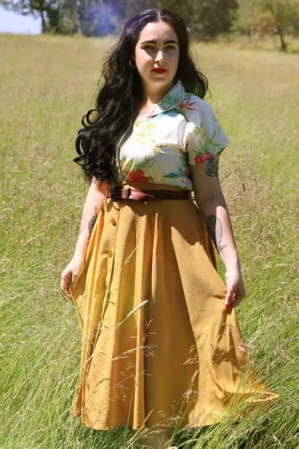 The "Beverly" Button Front Full Circle Skirt with Pockets in Solid Mustard, True 1950s Vintage Style