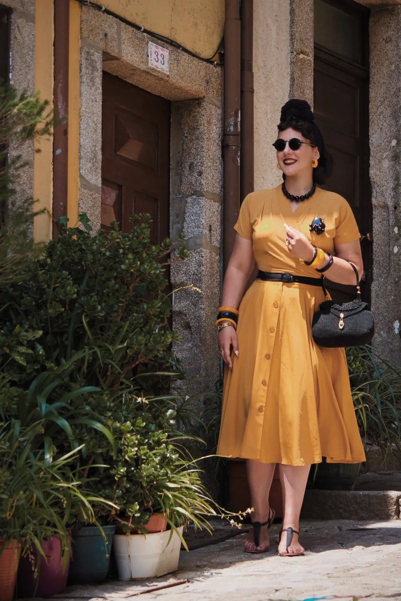 The "Beverly" Button Front Full Circle Skirt with Pockets in Solid Mustard, True 1950s Vintage Style