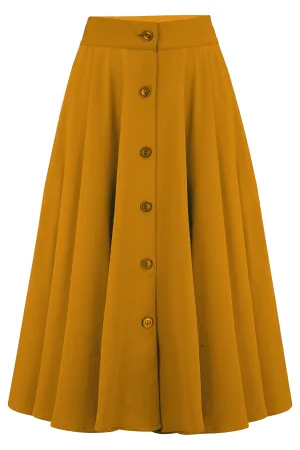 The "Beverly" Button Front Full Circle Skirt with Pockets in Solid Mustard, True 1950s Vintage Style