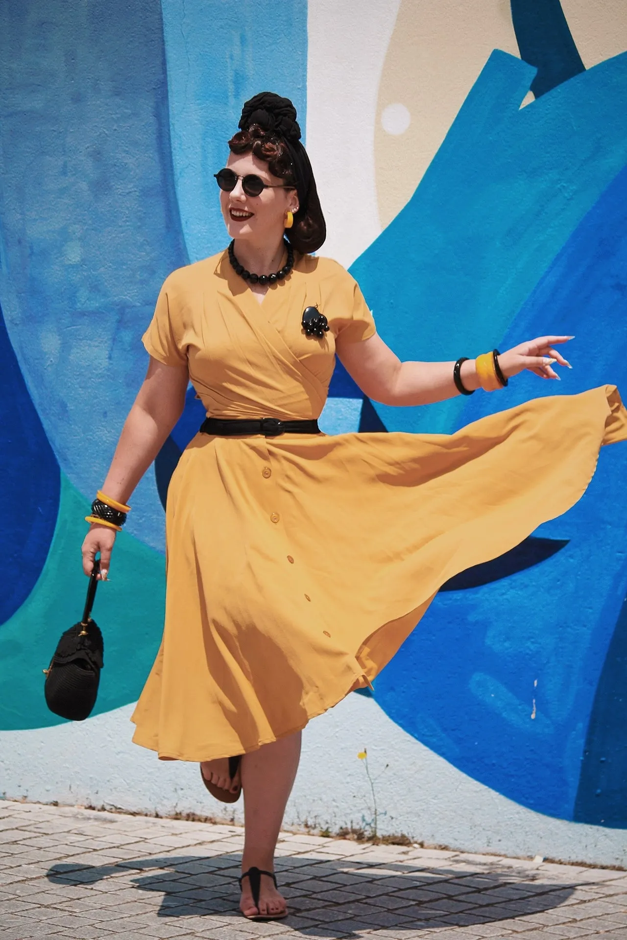 The "Beverly" Button Front Full Circle Skirt with Pockets in Solid Mustard, True 1950s Vintage Style