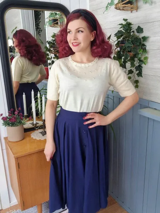 The "Beverly" Button Front Full Circle Skirt with Pockets in Solid Navy, Authentic 1950s Vintage Style