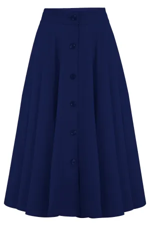 The "Beverly" Button Front Full Circle Skirt with Pockets in Solid Navy, Authentic 1950s Vintage Style