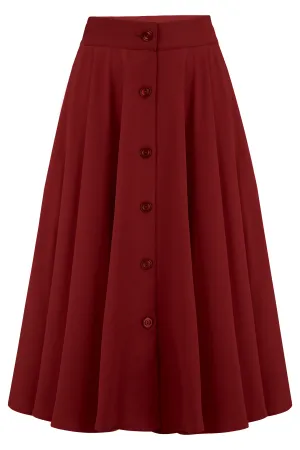 The "Beverly" Button Front Full Circle Skirt with Pockets in Solid Wine, True 1950s Vintage Style