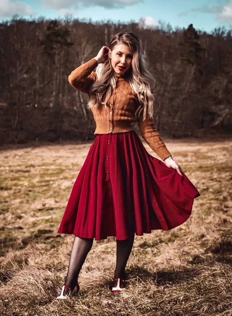 The "Beverly" Button Front Full Circle Skirt with Pockets in Solid Wine, True 1950s Vintage Style