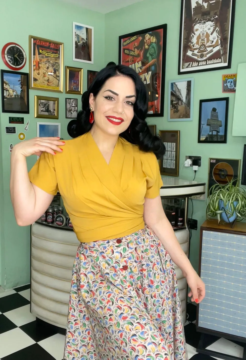 The "Beverly" Button Front Full Circle Skirt with Pockets in Tutti Frutti Print, Authentic 1950s Vintage Style