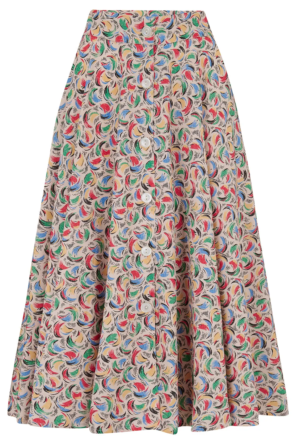 The "Beverly" Button Front Full Circle Skirt with Pockets in Tutti Frutti Print, Authentic 1950s Vintage Style
