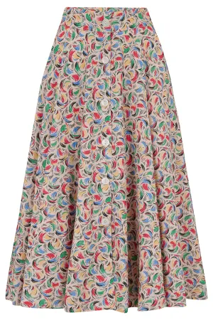The "Beverly" Button Front Full Circle Skirt with Pockets in Tutti Frutti Print, Authentic 1950s Vintage Style