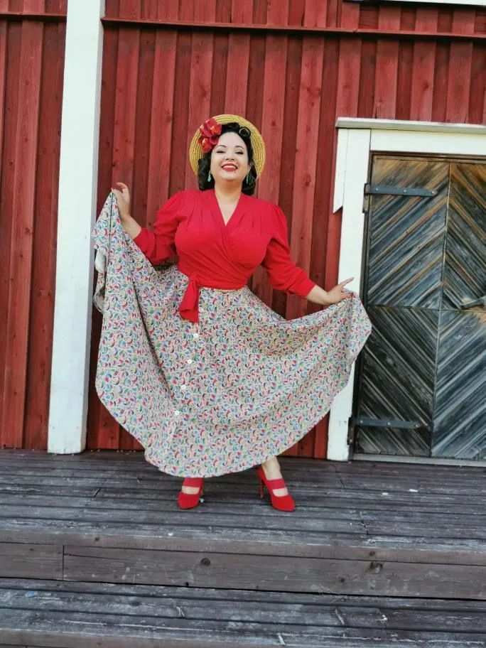 The "Beverly" Button Front Full Circle Skirt with Pockets in Tutti Frutti Print, Authentic 1950s Vintage Style