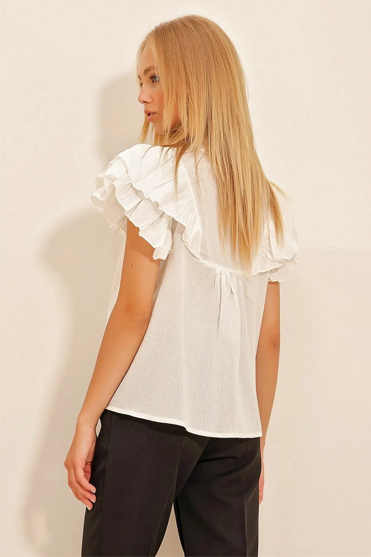 Trend Alaçatı Style Women's Ecru Embroidered Sleeves Flounce Woven Blouse