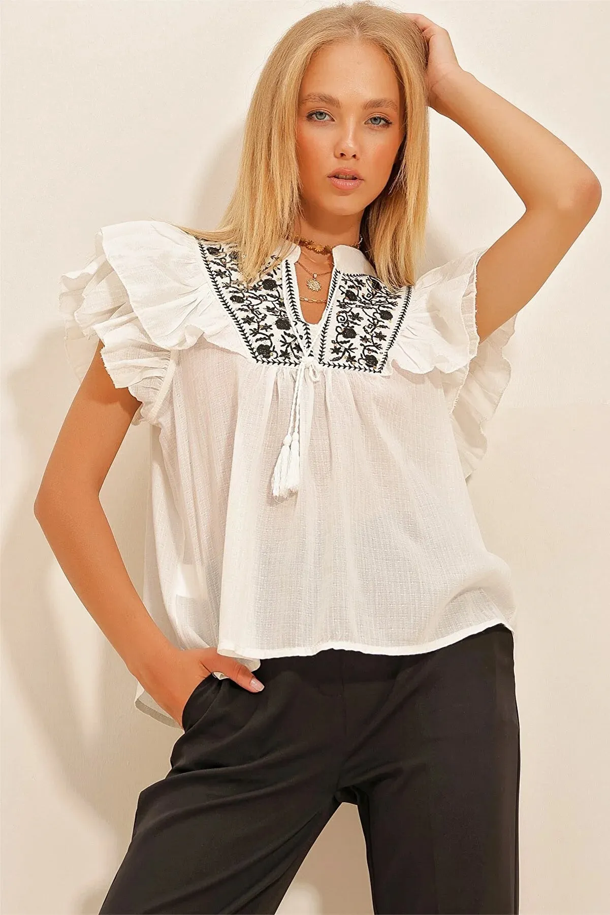 Trend Alaçatı Style Women's Ecru Embroidered Sleeves Flounce Woven Blouse