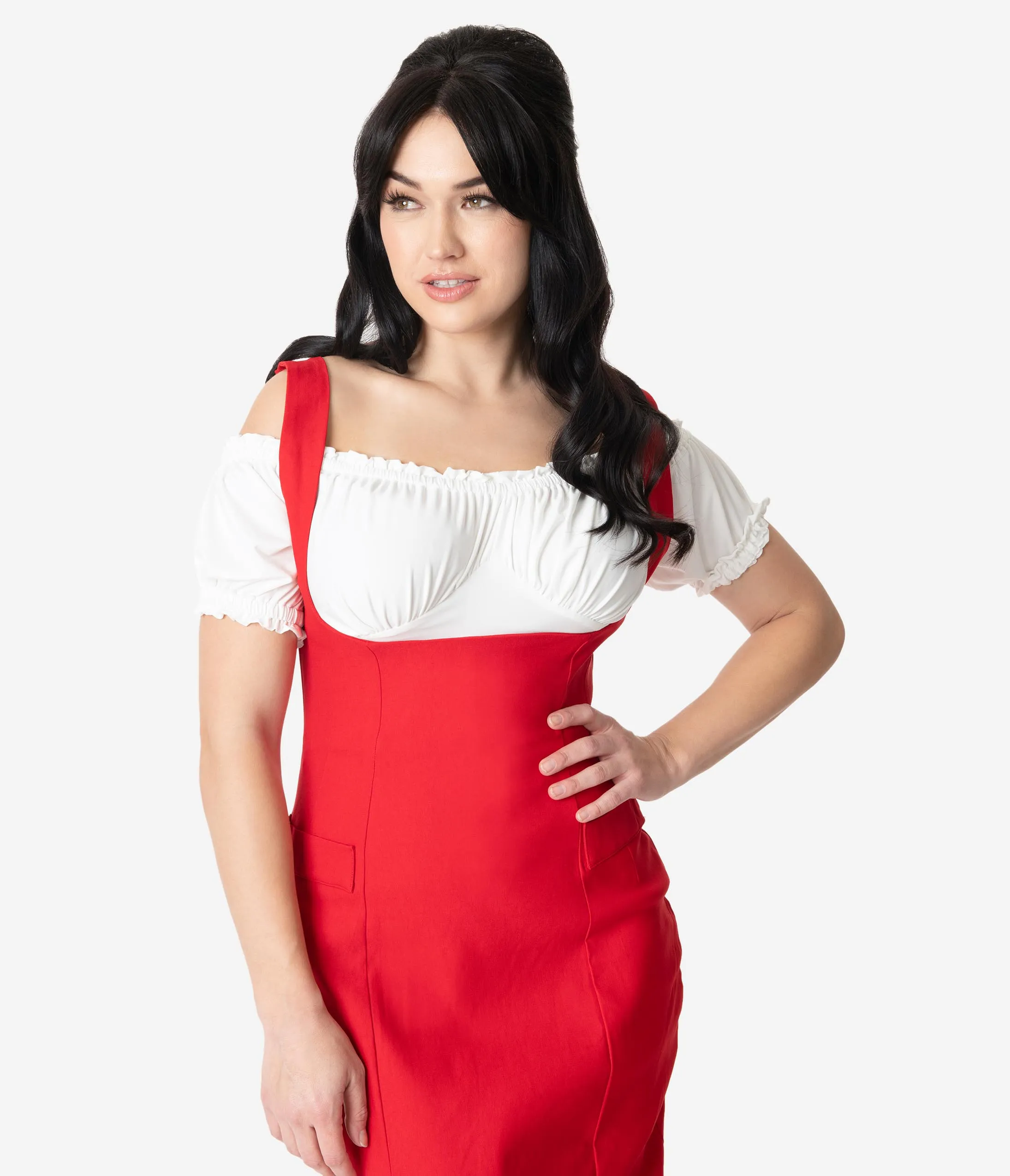 Unique Vintage Retro Ivory Bernadette Fitted Peasant Top