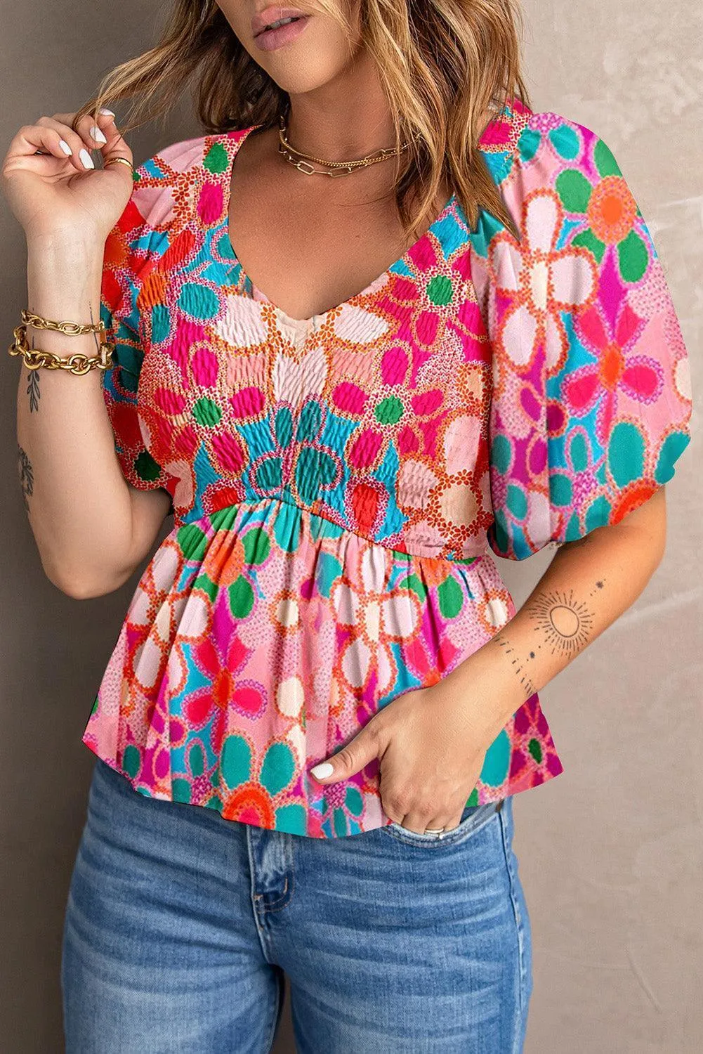 Vibrant Babydoll Half Puff Sleeve Blouse