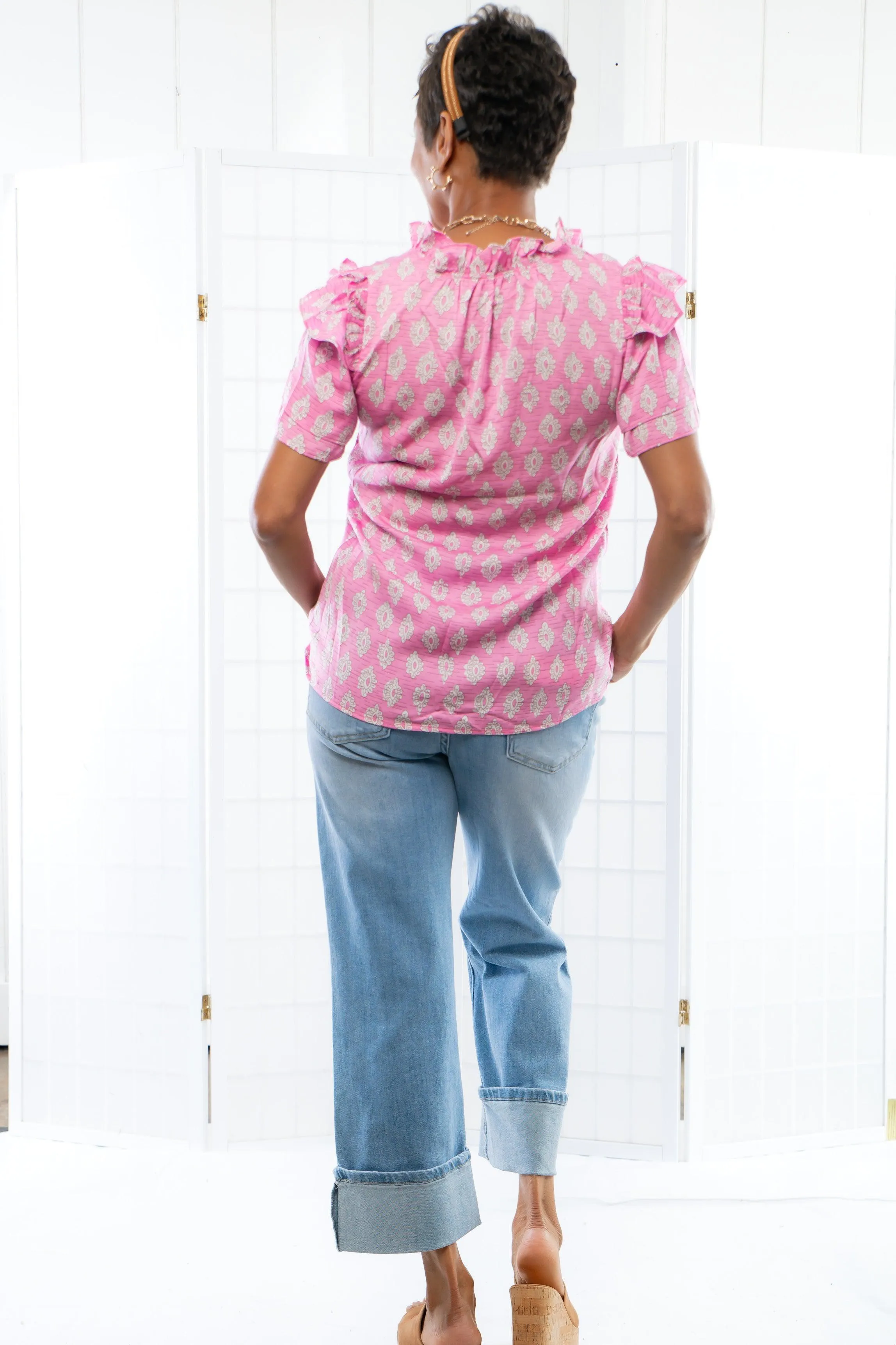 Vintage Floral Pink Ruffle Sleeve Top