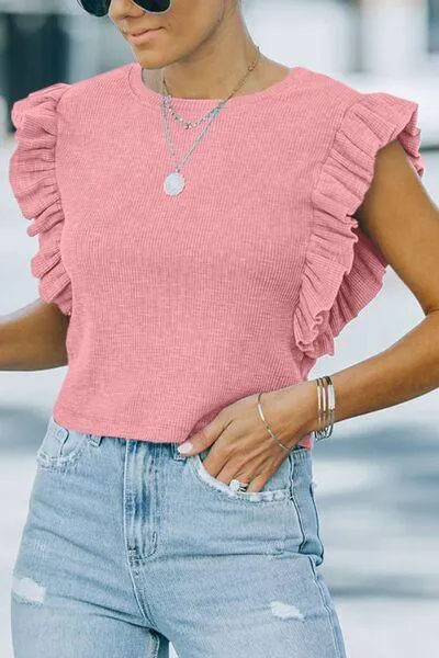 Weekend Delight Crew Neck Flutter Sleeve Blouse