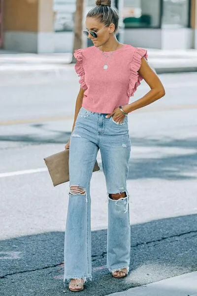 Weekend Delight Crew Neck Flutter Sleeve Blouse