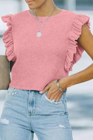 Weekend Delight Crew Neck Flutter Sleeve Blouse