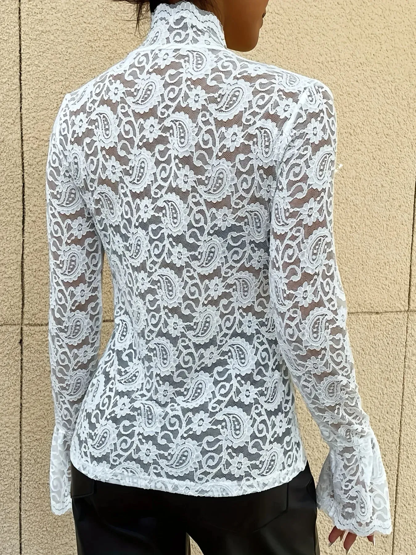 White Floral Lace Mock Neck Top with Flare Sleeves