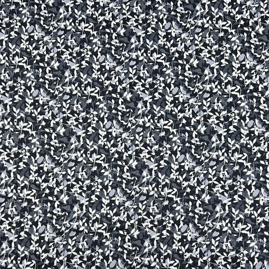 White Leaves on Black Cotton Sateen Fabric