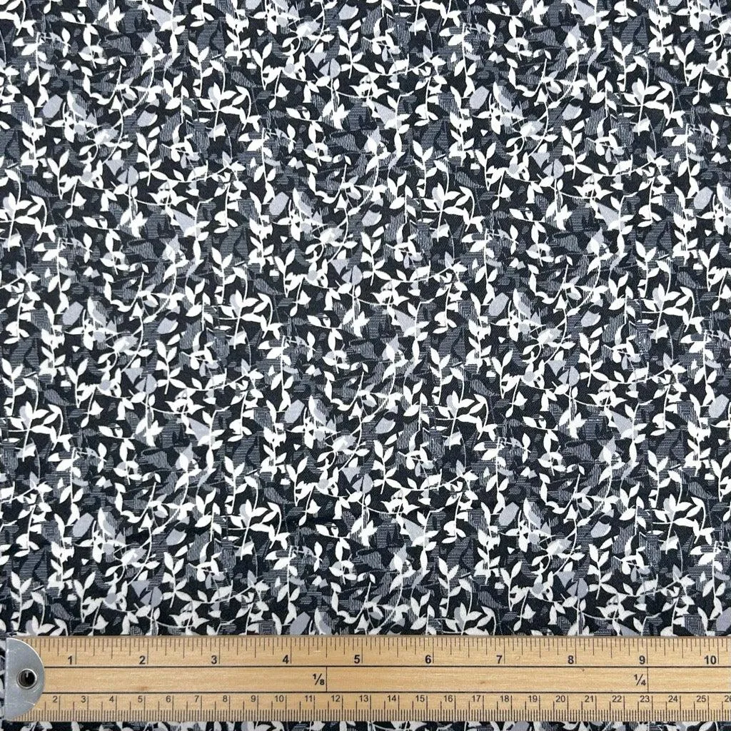 White Leaves on Black Cotton Sateen Fabric