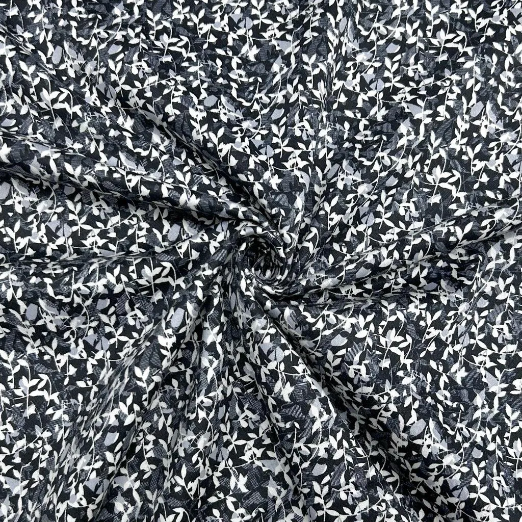 White Leaves on Black Cotton Sateen Fabric