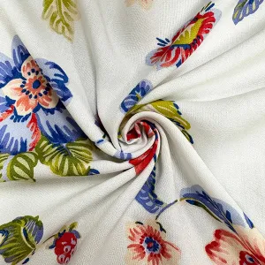 White Multi Floral Print Woven Challis Fabric