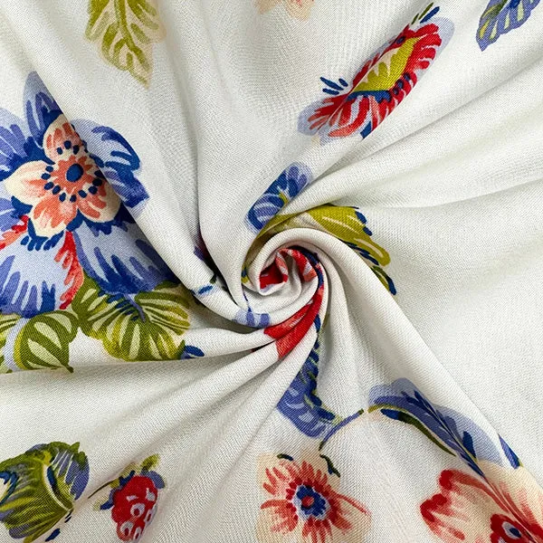 White Multi Floral Print Woven Challis Fabric