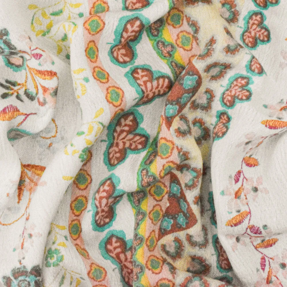 White-Pink-Multi Floral Printed Rayon Crepon Woven Fabric