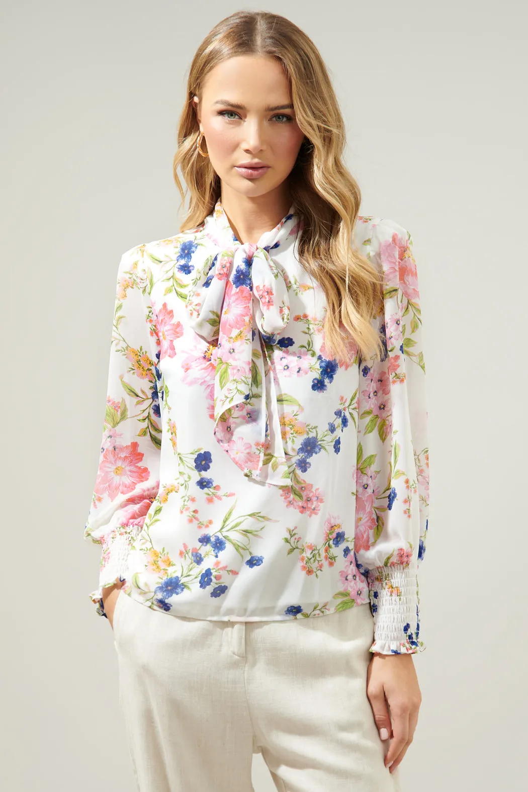 Wildheart Floral Etienne Tie Neck Long Sleeve Blouse