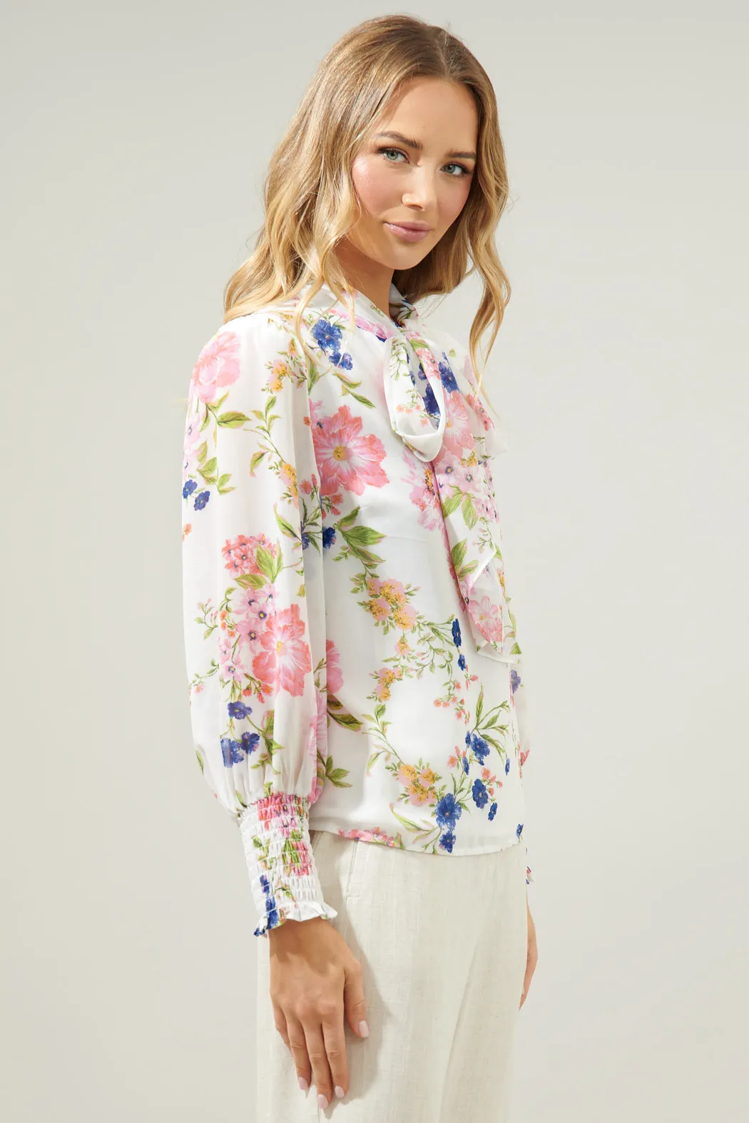 Wildheart Floral Etienne Tie Neck Long Sleeve Blouse