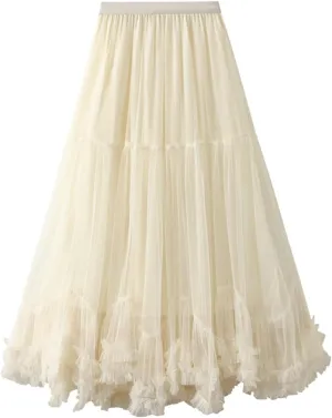 Women Butterfly Embroidery Midi Tulle Skirts High Waist Double Layer Mesh Tutu Skirts Big Swing Party A-line Skirts