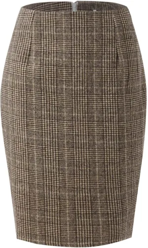 Women Knee Length Elastic Waist Stretchy Bodycon Business Pencil Skirt Slim Plaid Print Half Body Midi Hip Skirts
