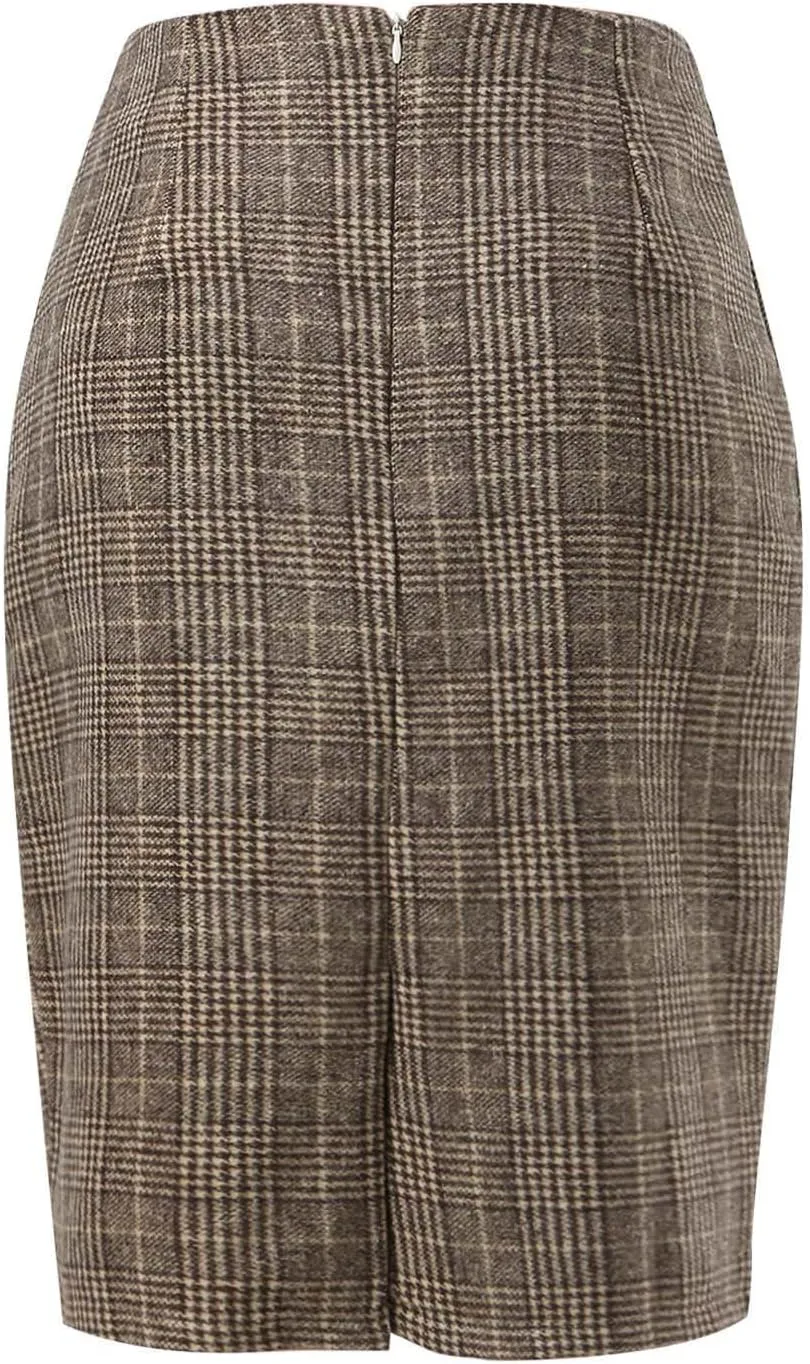 Women Knee Length Elastic Waist Stretchy Bodycon Business Pencil Skirt Slim Plaid Print Half Body Midi Hip Skirts