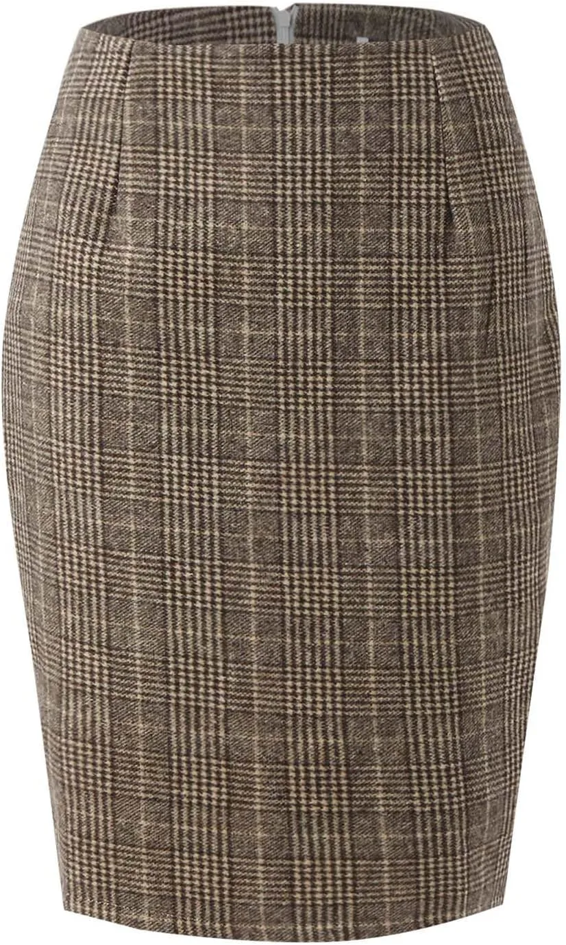 Women Knee Length Elastic Waist Stretchy Bodycon Business Pencil Skirt Slim Plaid Print Half Body Midi Hip Skirts
