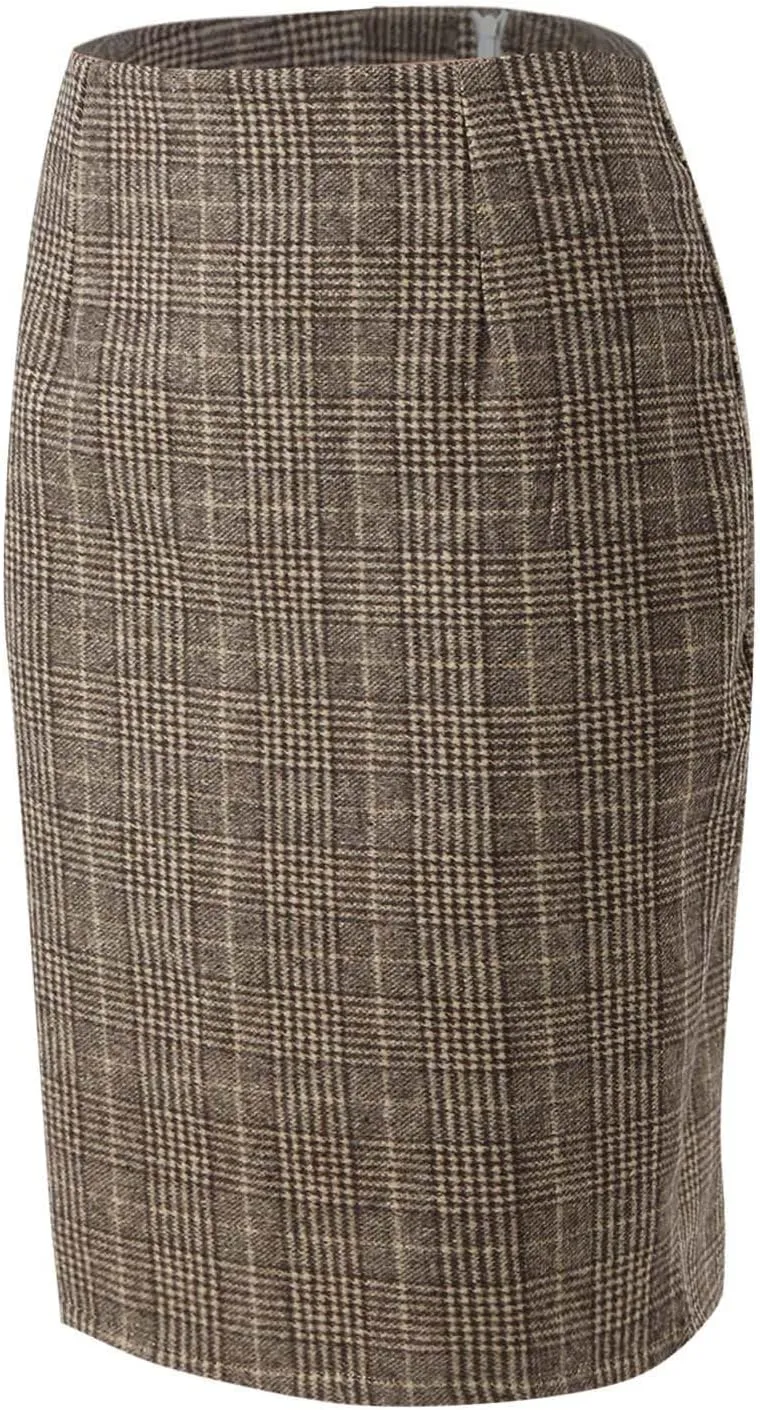 Women Knee Length Elastic Waist Stretchy Bodycon Business Pencil Skirt Slim Plaid Print Half Body Midi Hip Skirts