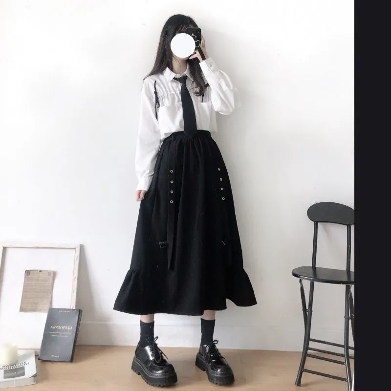 Women Skirts High Waist Style Dark Vintage Ruffle Long A-line Skirts