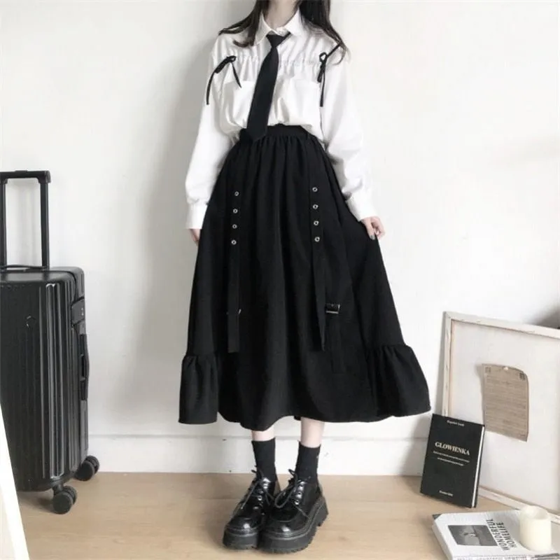 Women Skirts High Waist Style Dark Vintage Ruffle Long A-line Skirts