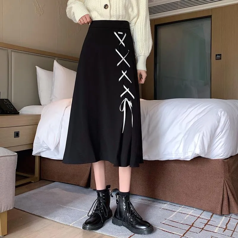 Women Skirts High Waist Style Dark Vintage Ruffle Long A-line Skirts