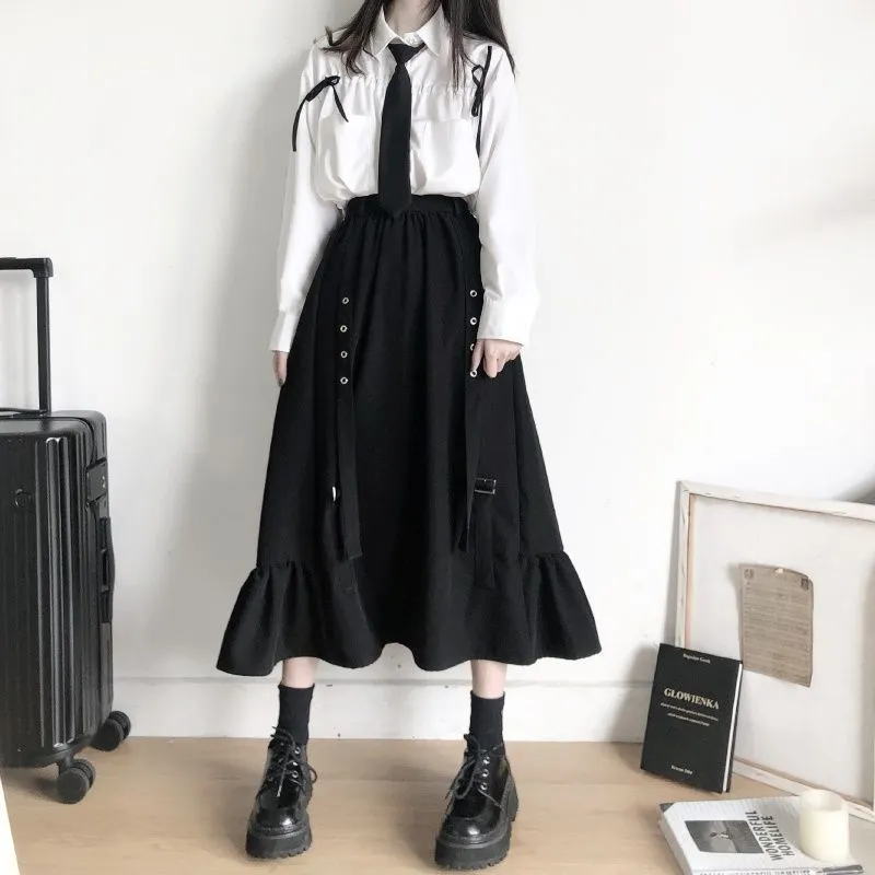 Women Skirts High Waist Style Dark Vintage Ruffle Long A-line Skirts