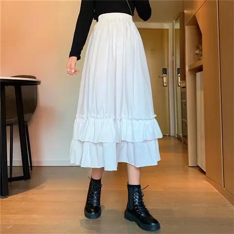 Women Skirts High Waist Style Dark Vintage Ruffle Long A-line Skirts