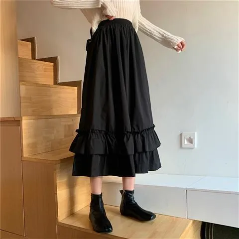 Women Skirts High Waist Style Dark Vintage Ruffle Long A-line Skirts