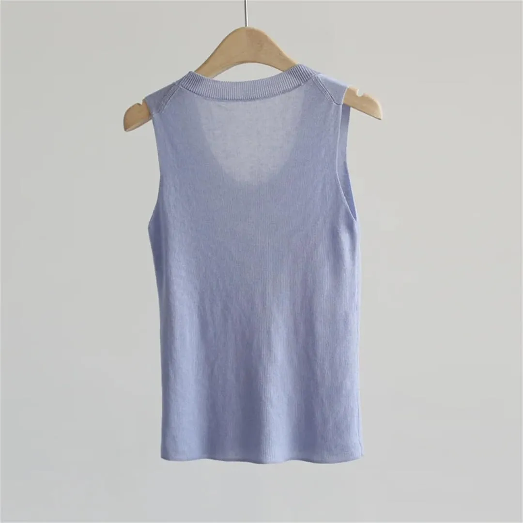 Women Solid Color Knit Tank Top U-Neck Sleeveless Thin Slim Knit Camisoles Office Tops