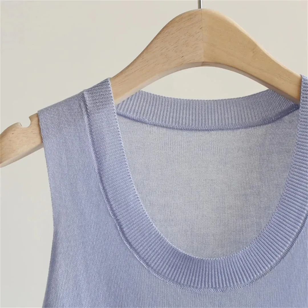 Women Solid Color Knit Tank Top U-Neck Sleeveless Thin Slim Knit Camisoles Office Tops