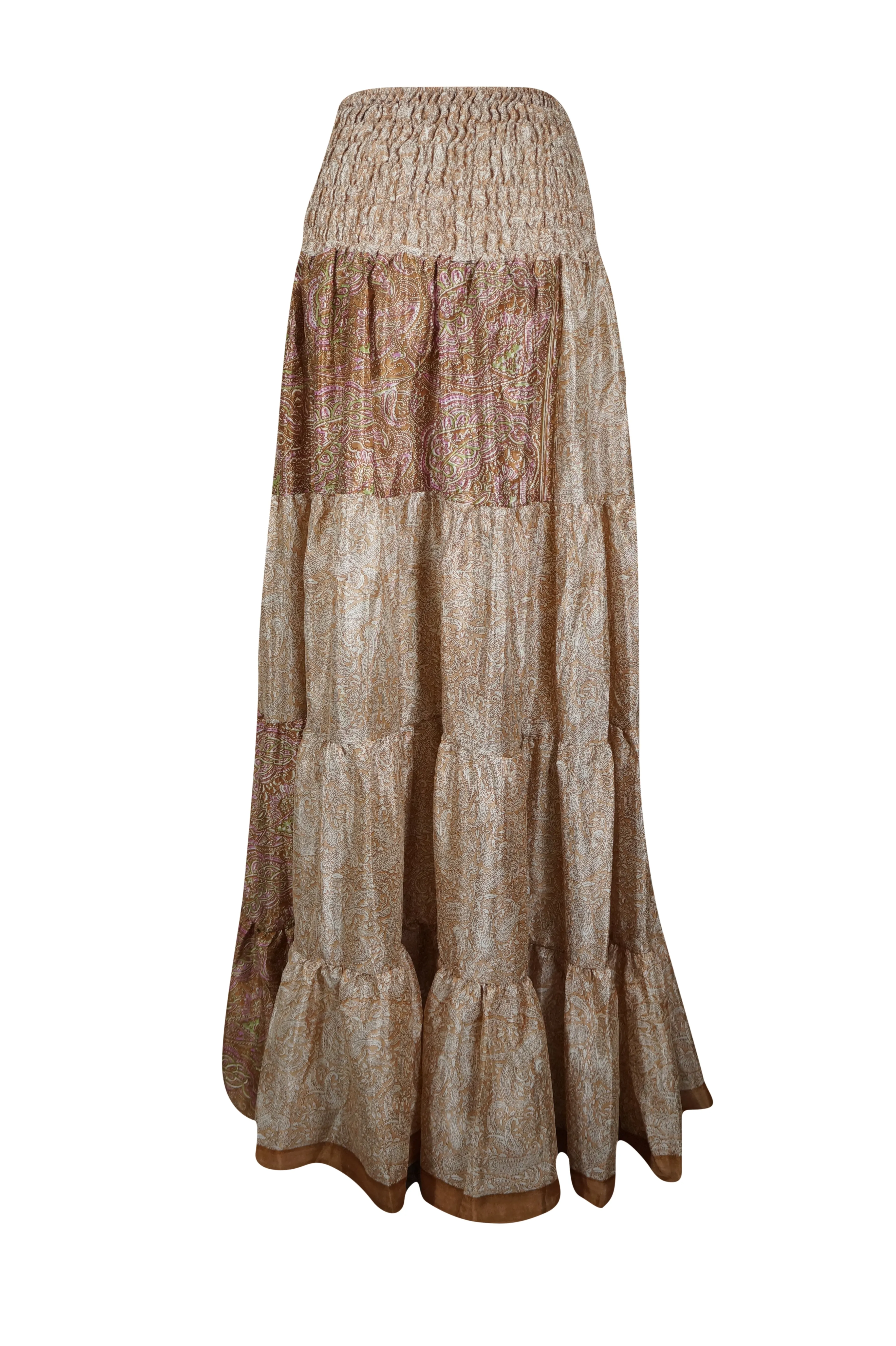 Womens Beige Floral printed Long Skirt Beach Boho Skirts S/M