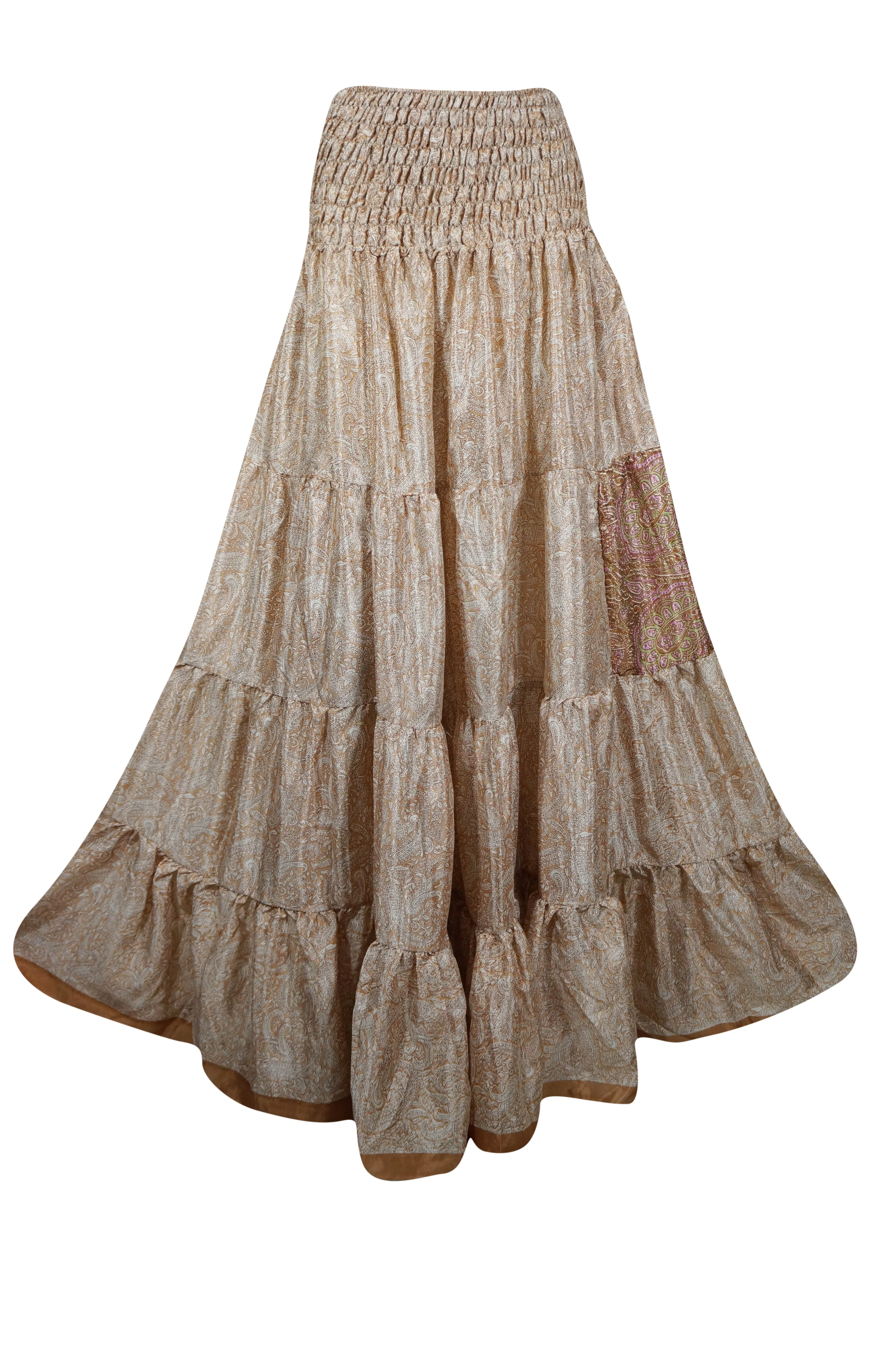 Womens Beige Floral printed Long Skirt Beach Boho Skirts S/M