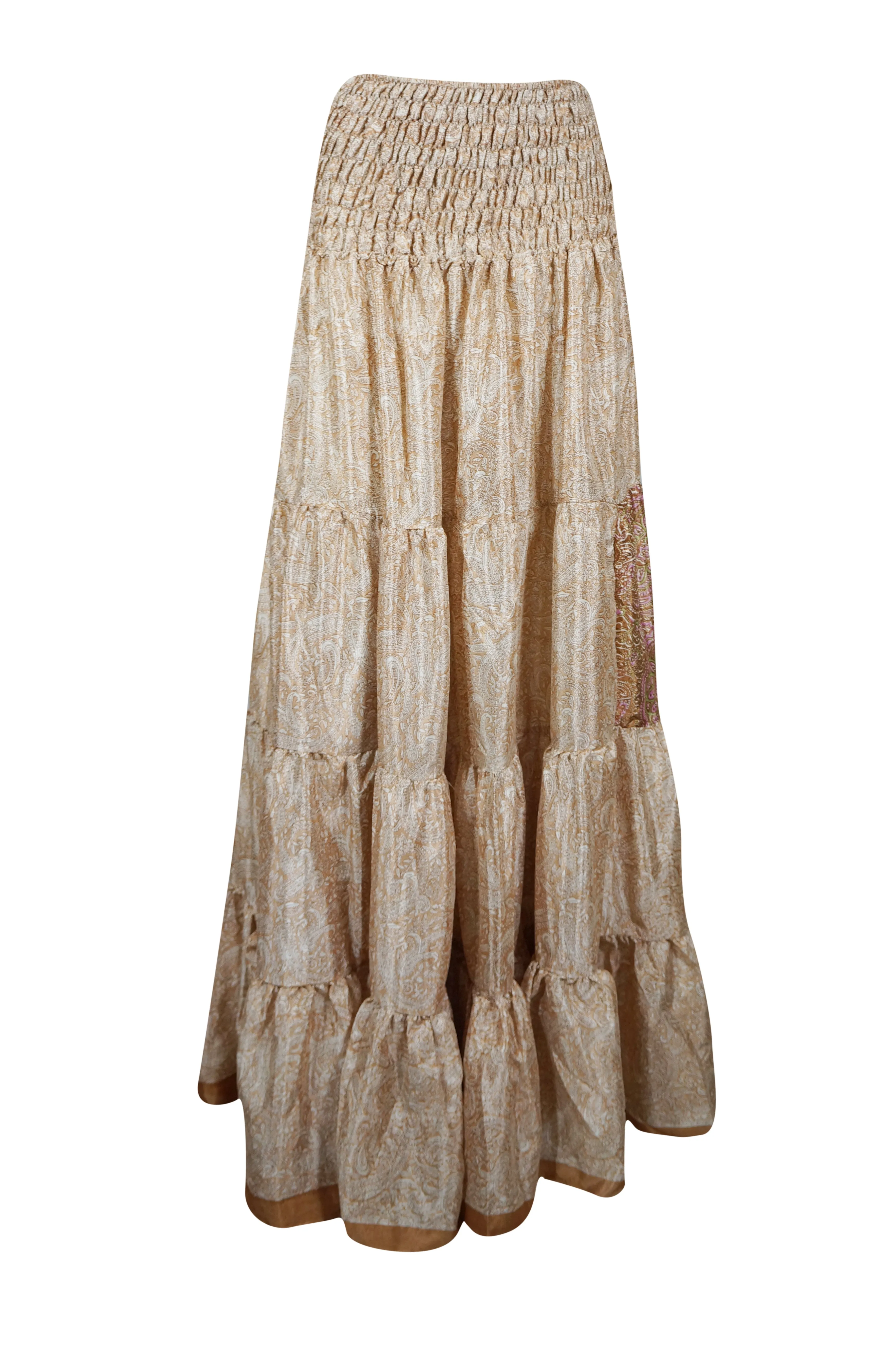 Womens Beige Floral printed Long Skirt Beach Boho Skirts S/M